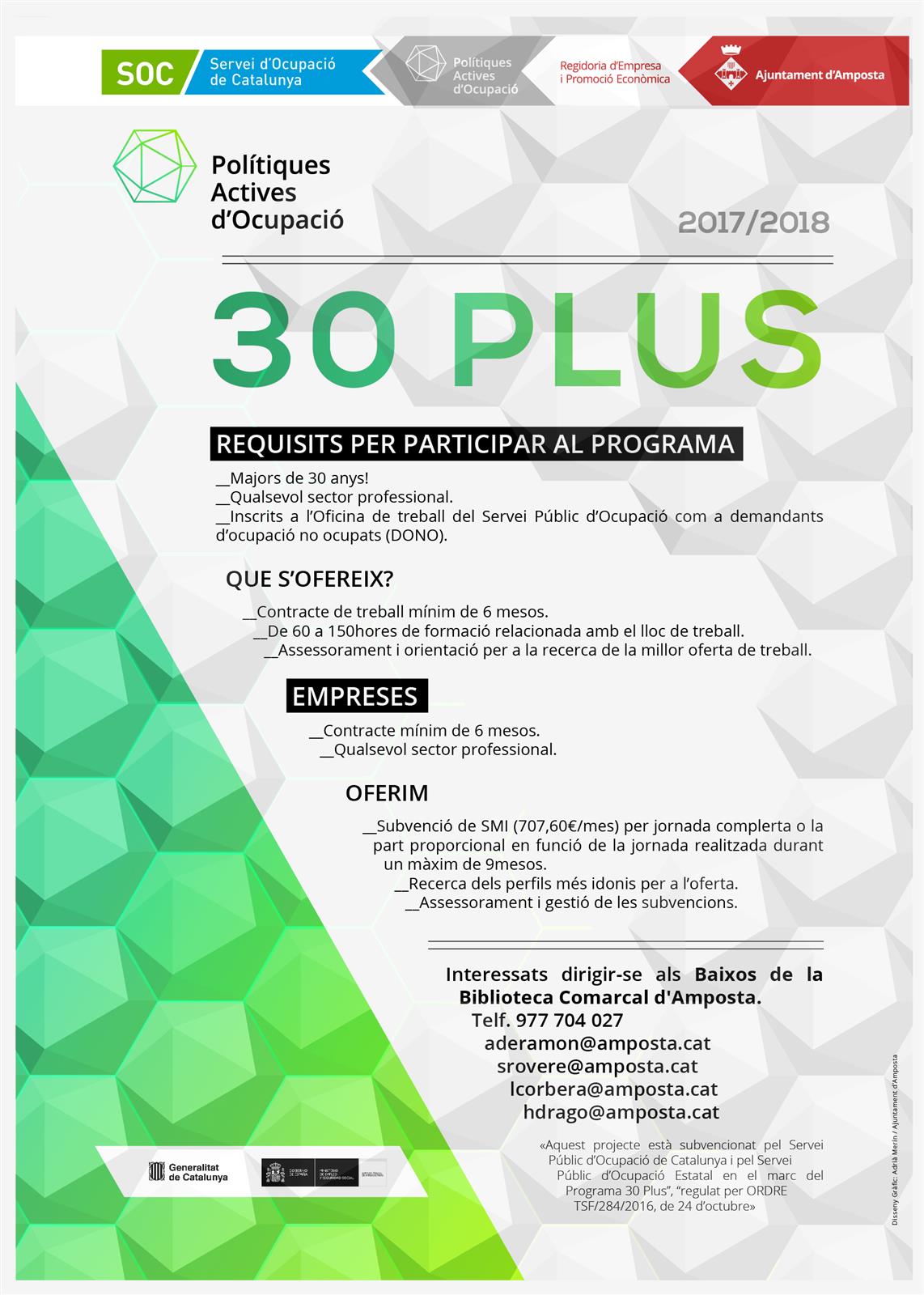 Ajuntament d´Amposta > Comunicació > El Programa 30 Plus oferirà 40 llocs de treball per a persones majors de 30 anys