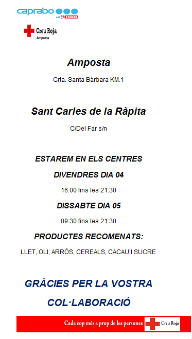 Ajuntament d´Amposta > Comunicació > RECOLLIDA D’ALIMENTS ALS CENTRES CAPRABO A BENEFICI DE CREU ROJA
