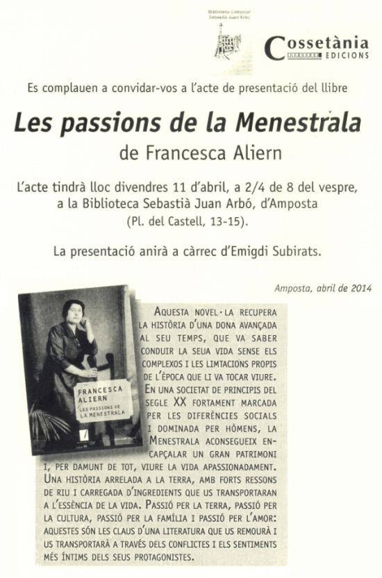 Ajuntament d´Amposta > Comunicació > Presentació del llibre Les passions de la menestrala, de Francesca Aliern