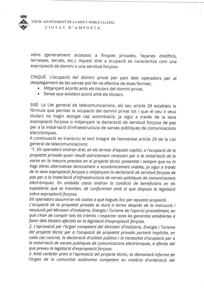 Ajuntament d´Amposta > Informació Oficial > Informe sobre garantia als operadors de les xarxes públiques de comunicacions electròniques per ocupació del domini públic i privat