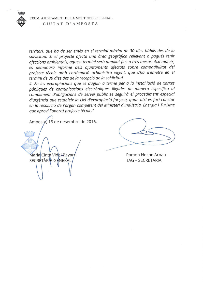 Ajuntament d´Amposta > Informació Oficial > Informe sobre garantia als operadors de les xarxes públiques de comunicacions electròniques per ocupació del domini públic i privat