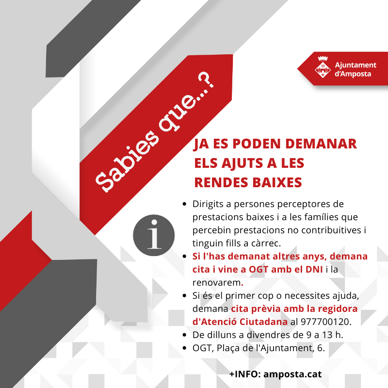 Oberta la convocatòria per demanar els ajuts a les rendes baixes