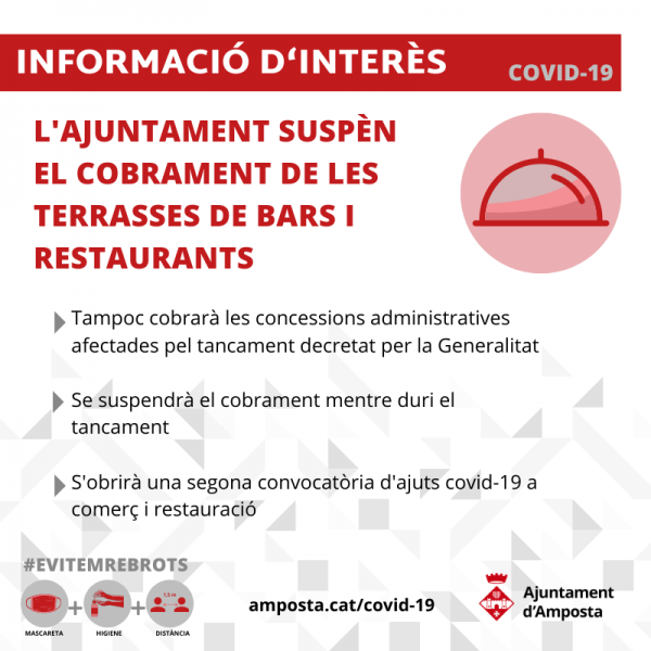 L’Ajuntament suspèn el cobrament de les terrasses i de les concessions administratives mentre duri el tancament de bars i restaurants