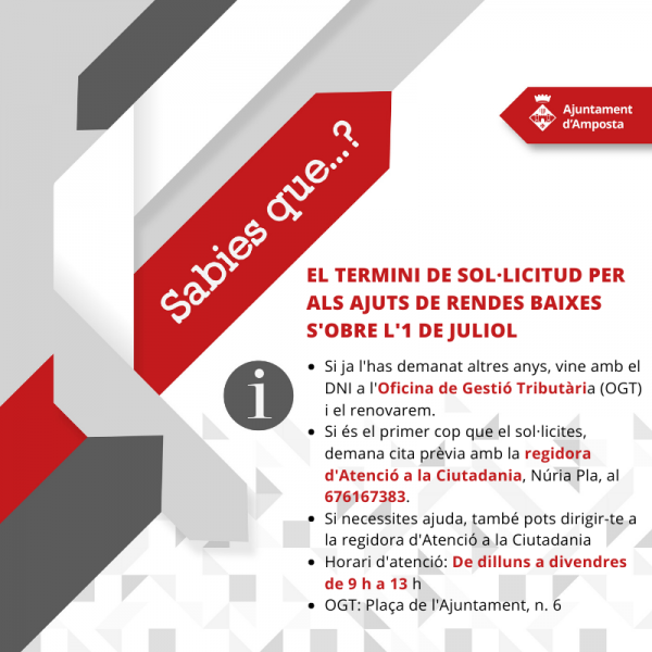 El termini de sol·licitud per a les ajudes a les rendes baixes s’obrirà el proper 1 de juliol 