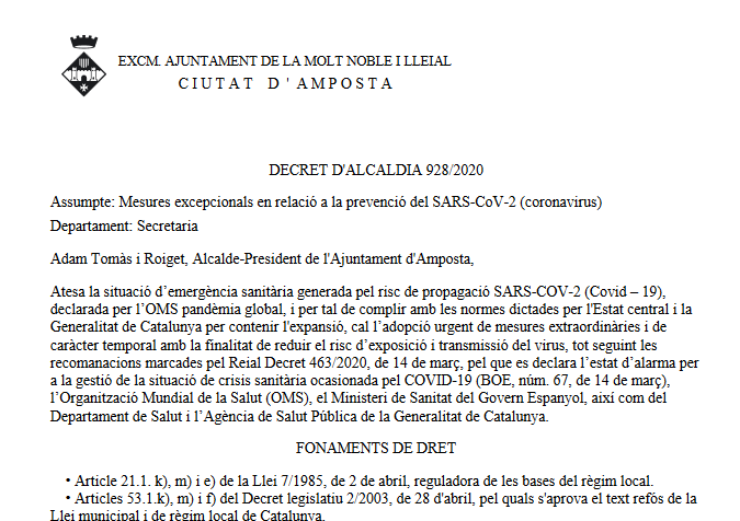 Decret d’Alcaldia 928/2020: Mesures excepcionals en relació a la prevenció del SARS-CoV-2 (coronavirus)
