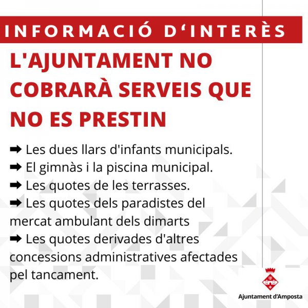 L’Ajuntament no cobrarà els serveis municipals que no es prestin per la crisi del COVID-19