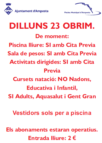 La piscina municipal reobre al públic dilluns 23 de novembre amb certes restriccions