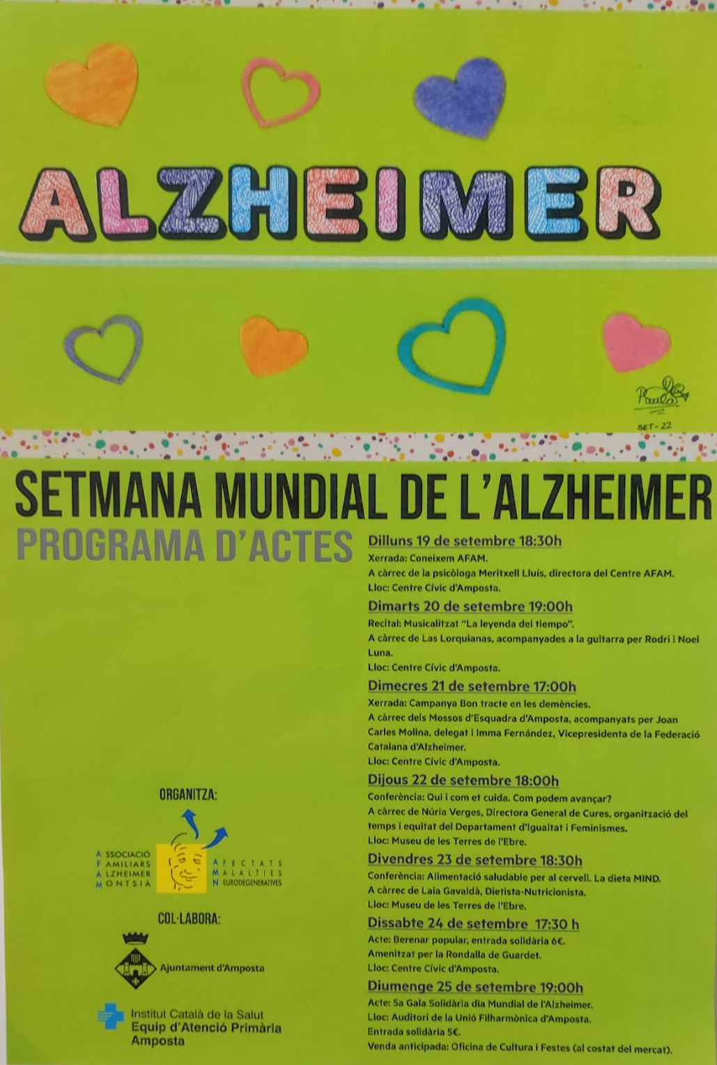Ajuntament d´Amposta > agenda > Setmana Mundial de l’Alzheimer. Conferència: Qui i com et cuida. Com podem avançar?