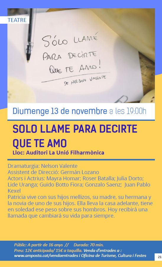 Ajuntament d´Amposta > agenda > Teatre: SOLO LLAME PARA DECIRTE QUE TE AMO