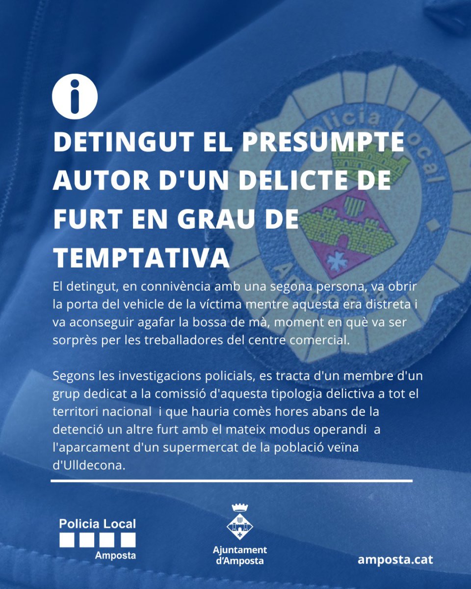 Detingut un home com a presumpte autor d’un delicte de furt en grau de temptativa Detingut un home com a presumpte autor d’un delicte de furt en grau de temptativa