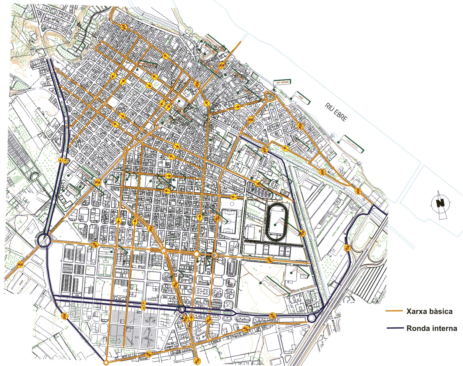 Pla de Mobilitat. Plnol urb d'Amposta amb els sentits de circulaci